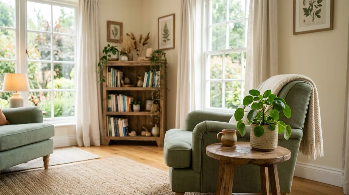 A warm, calming therapy office with sage-green armchairs, a plant, and bookshelves